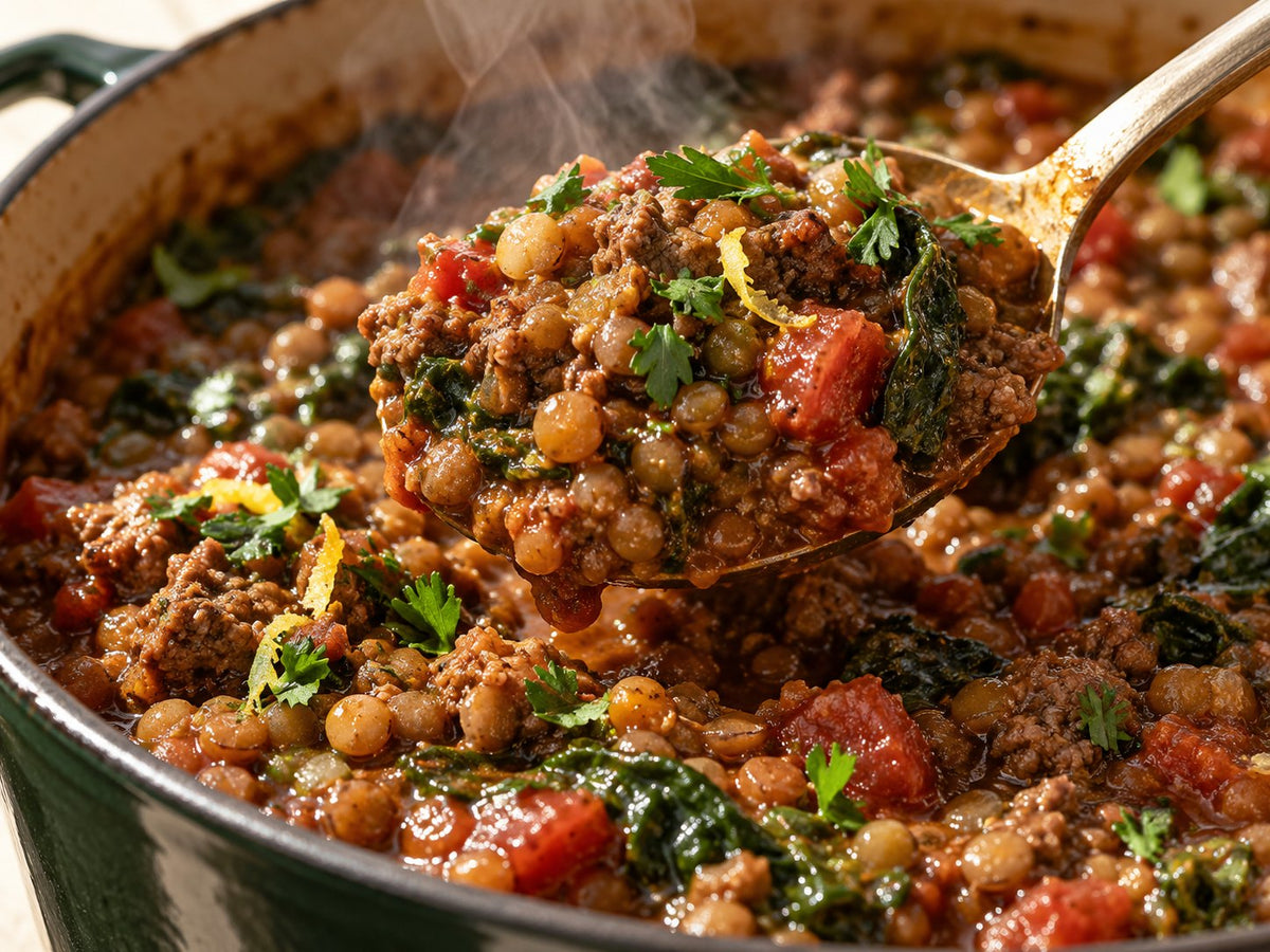 Macro spoonful of beef and lentil stew — detail
