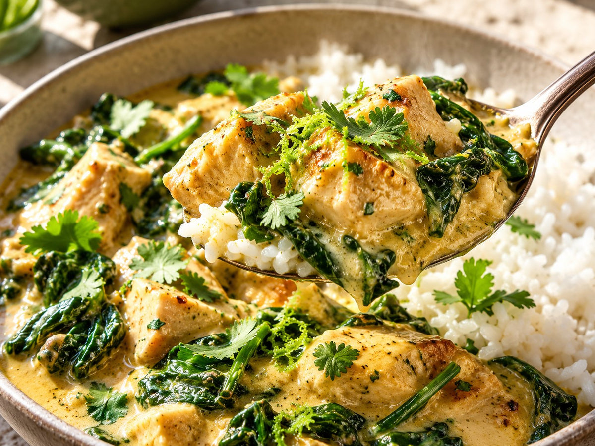 Coconut Ginger Chicken with Spinach and Rice — detail