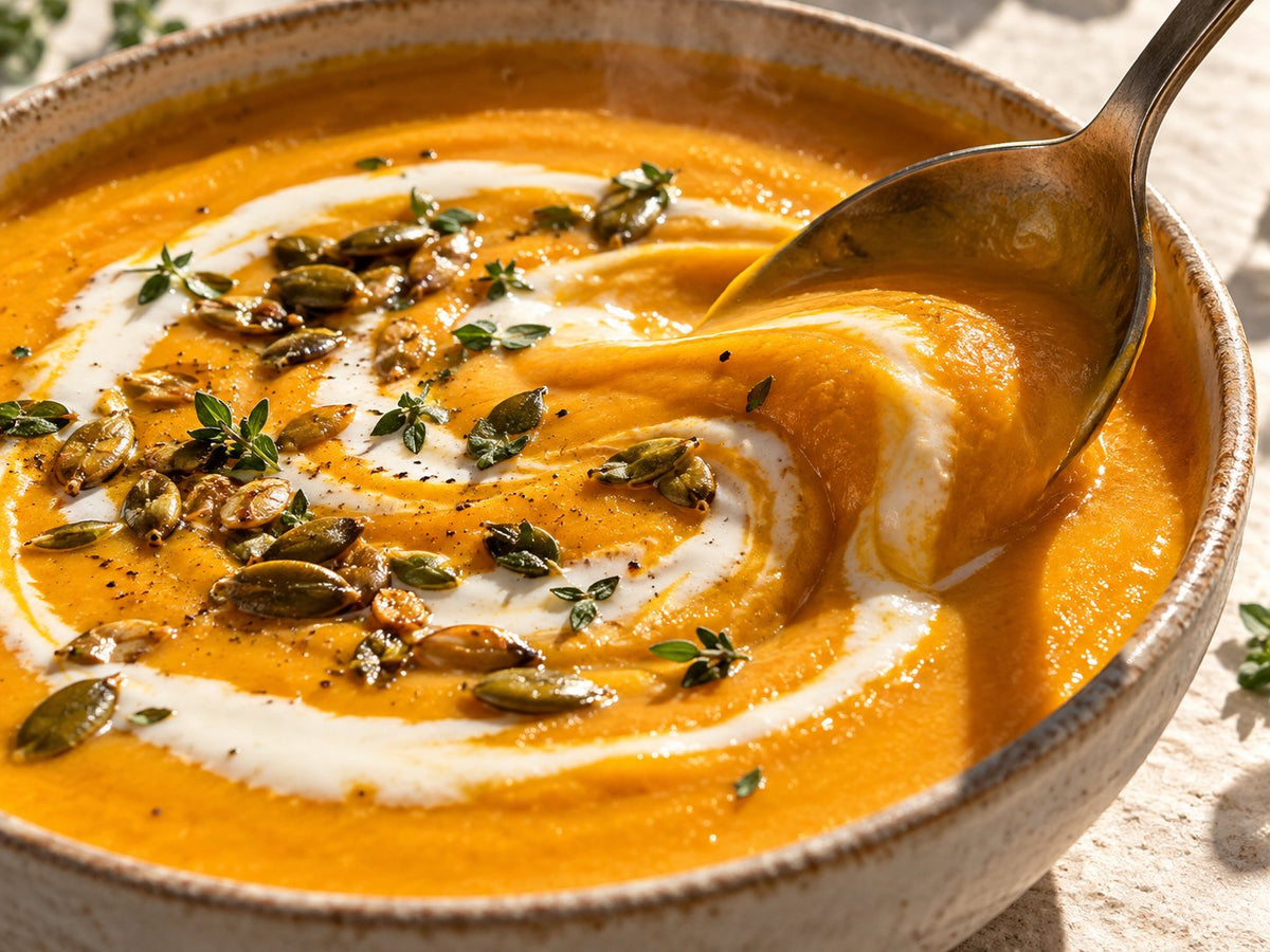 Golden carrot soup with yogurt swirl — detail