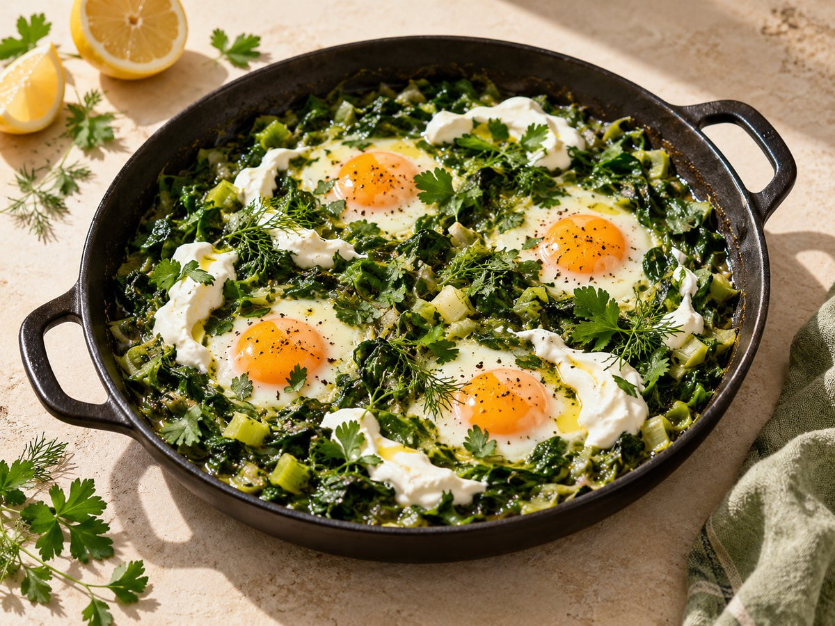 Vivid green shakshuka with soft eggs