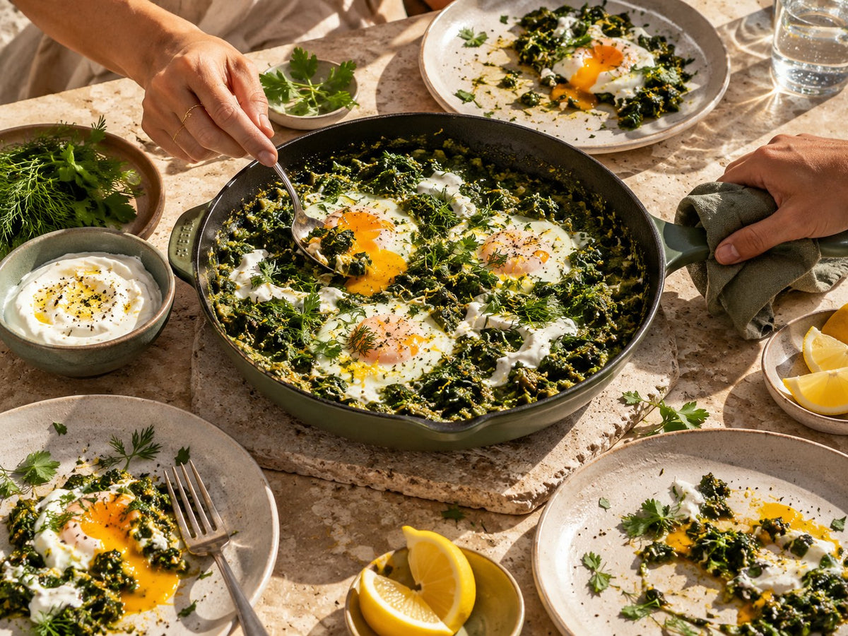 Sunlit green shakshuka brunch — The Good Gut