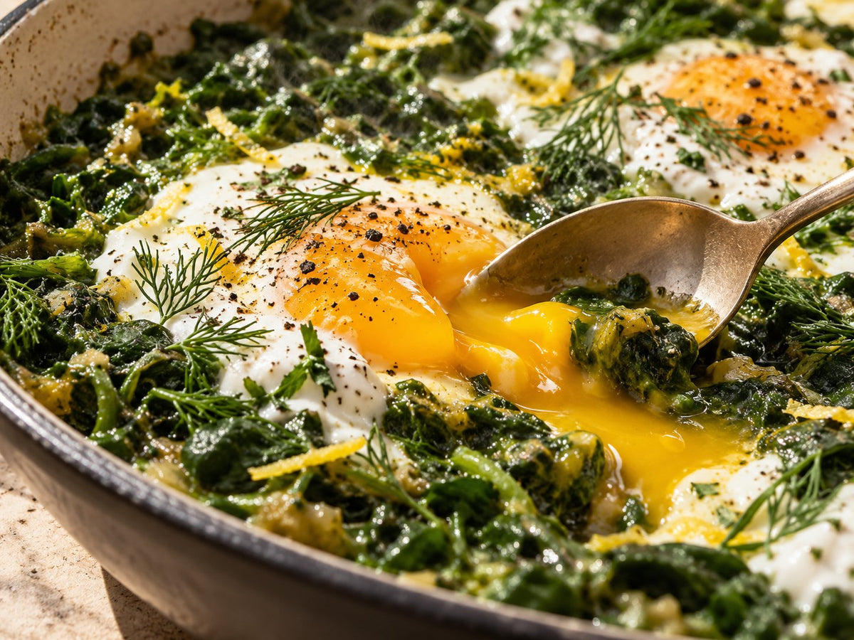 Golden yolk in green shakshuka — detail