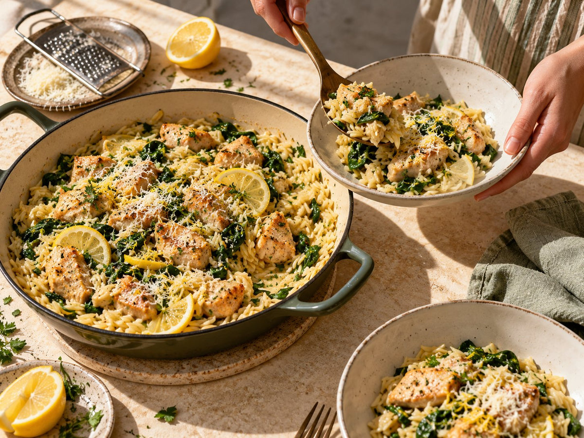 Sunlit lemony chicken orzo — The Good Gut