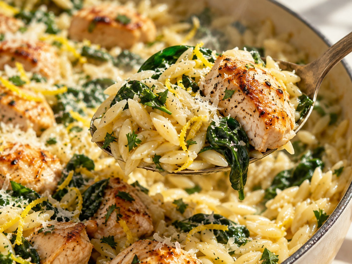 Spoonful of lemony chicken orzo — detail