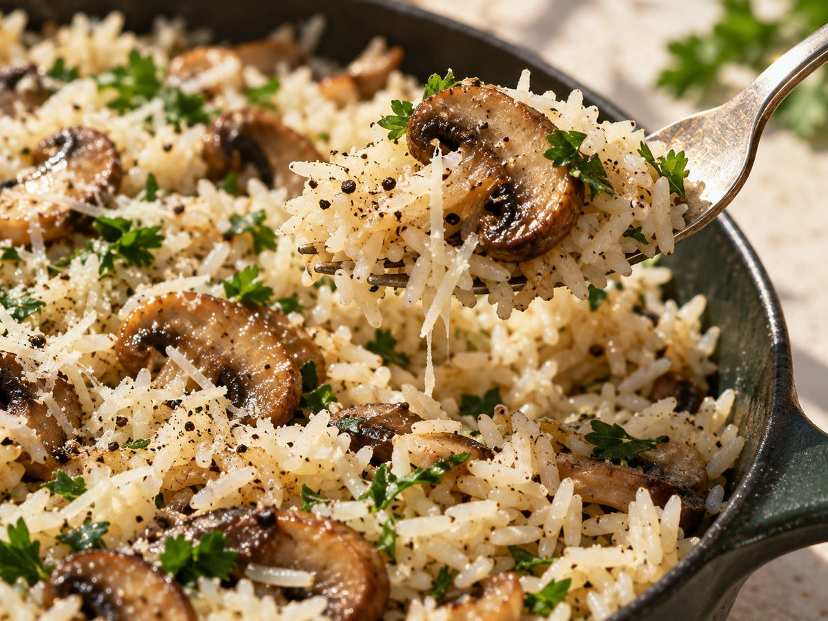 Forkful of mushroom parmesan rice — detail