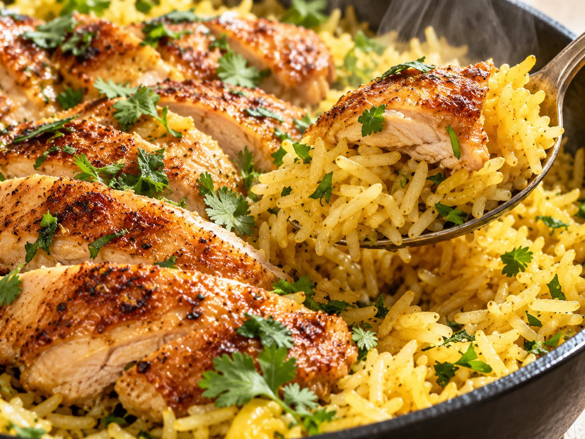 Spoonful of golden chicken rice — detail
