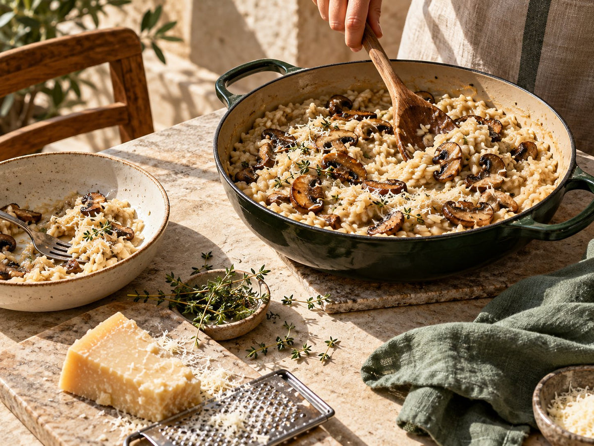 Parmesan mushroom risotto in afternoon light — The Good Gut