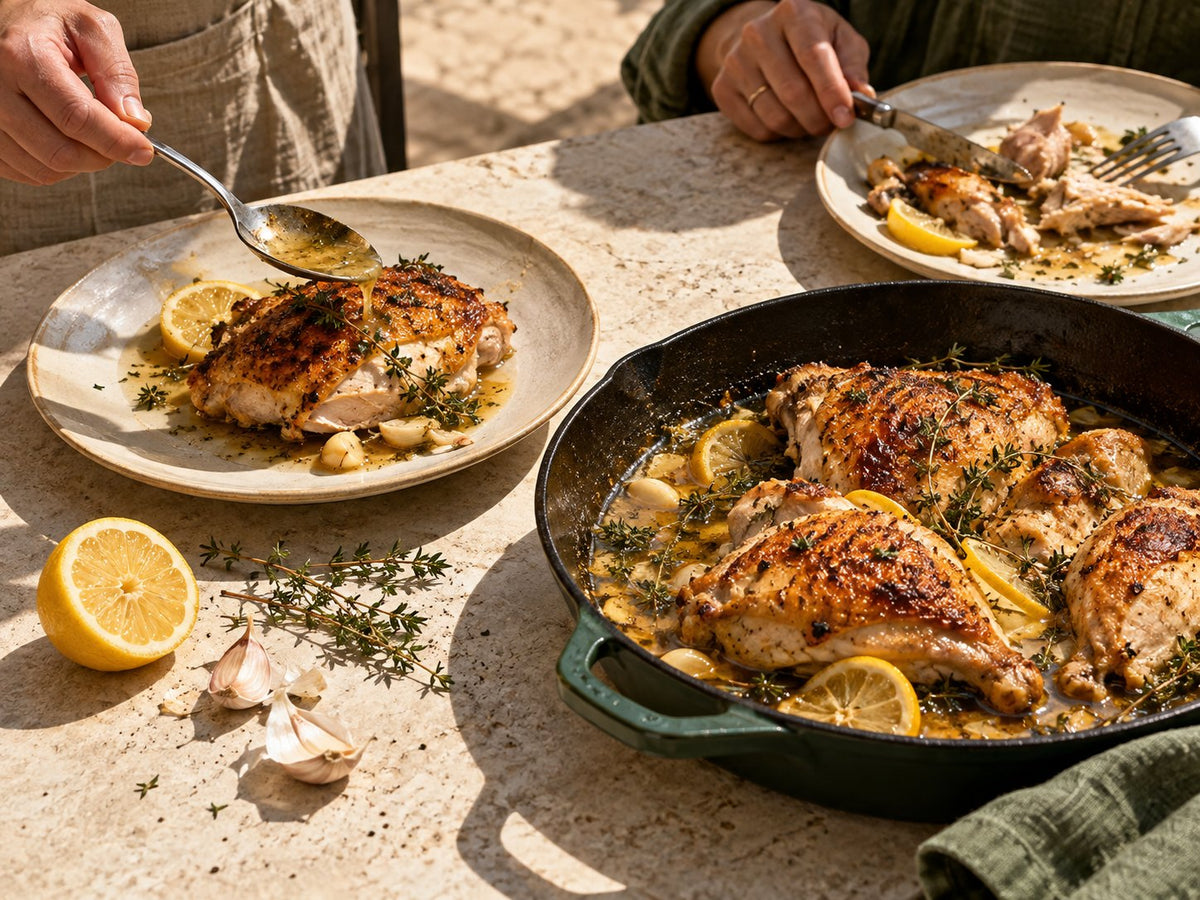 Golden roast chicken with lemon-thyme sauce — The Good Gut