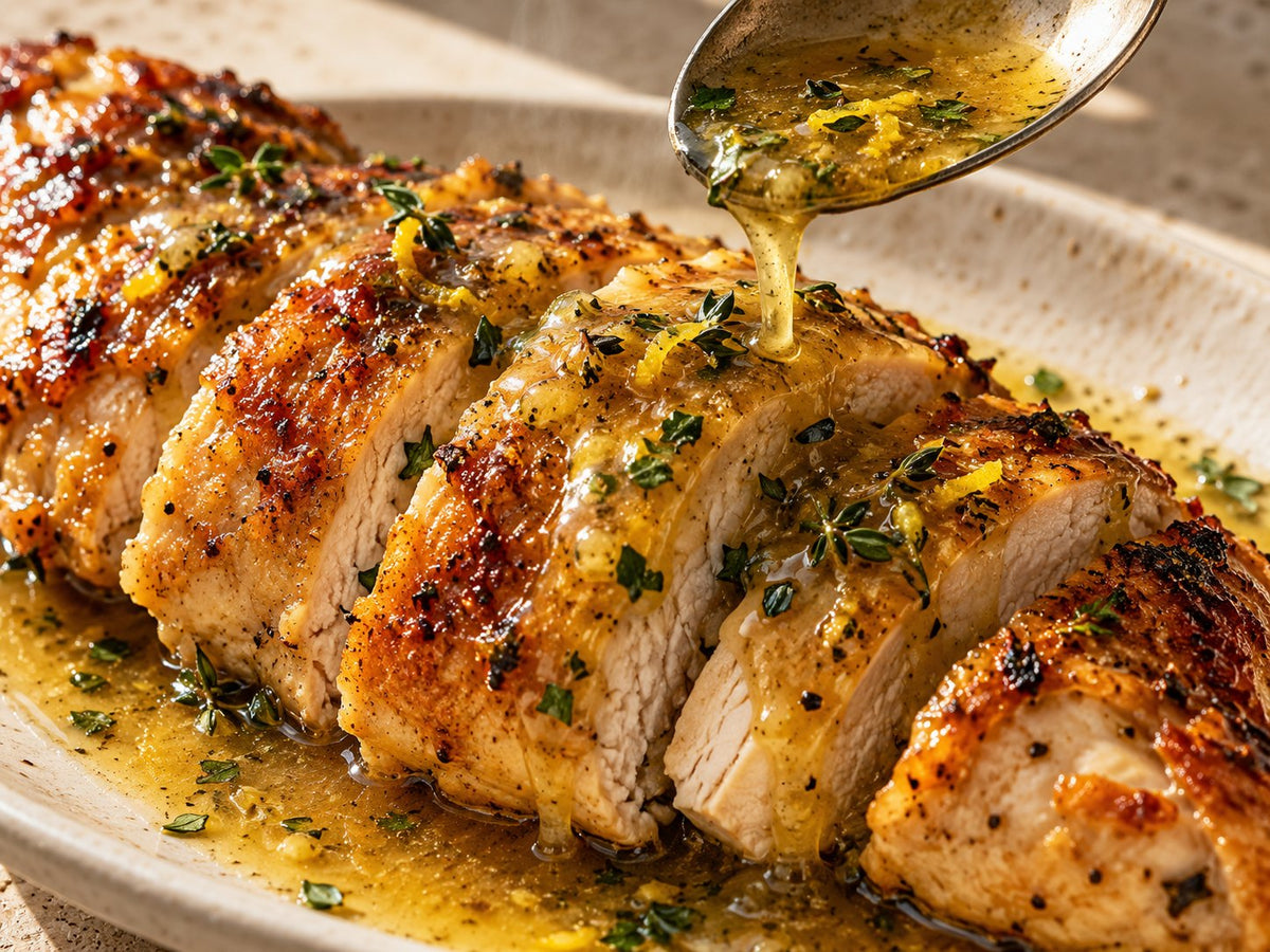 Lemon-thyme sauce over golden roast chicken — detail